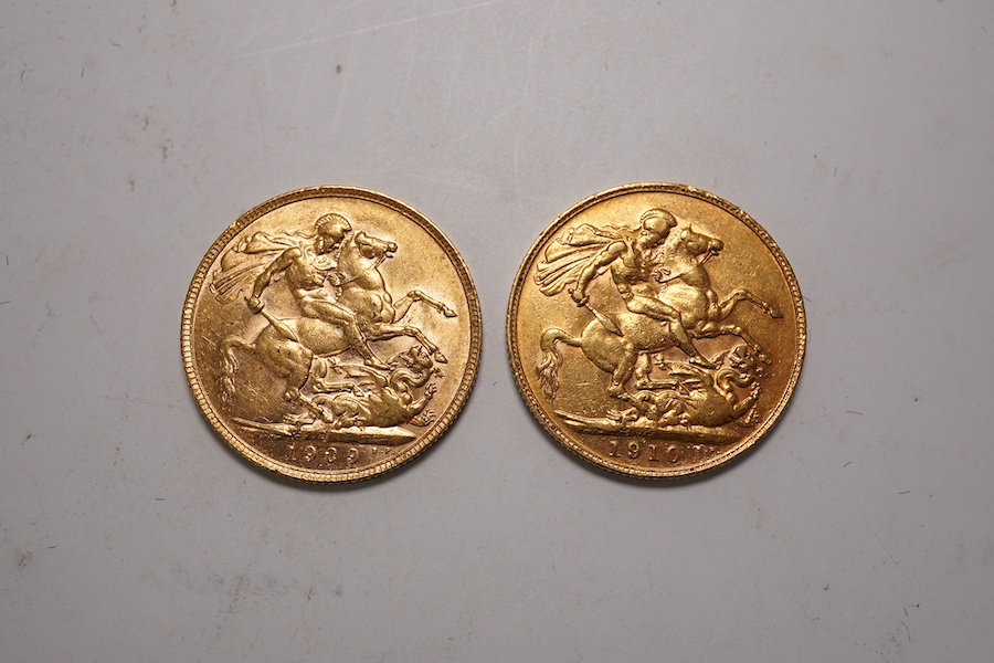 Australia gold coins, Edward VII, two gold sovereigns, 1909P, good VF and 1910P, VF